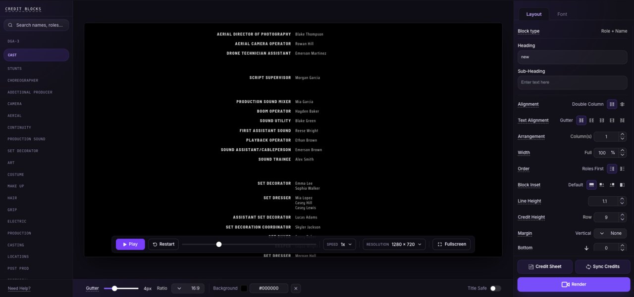 End credits previewed in a film credits editor.