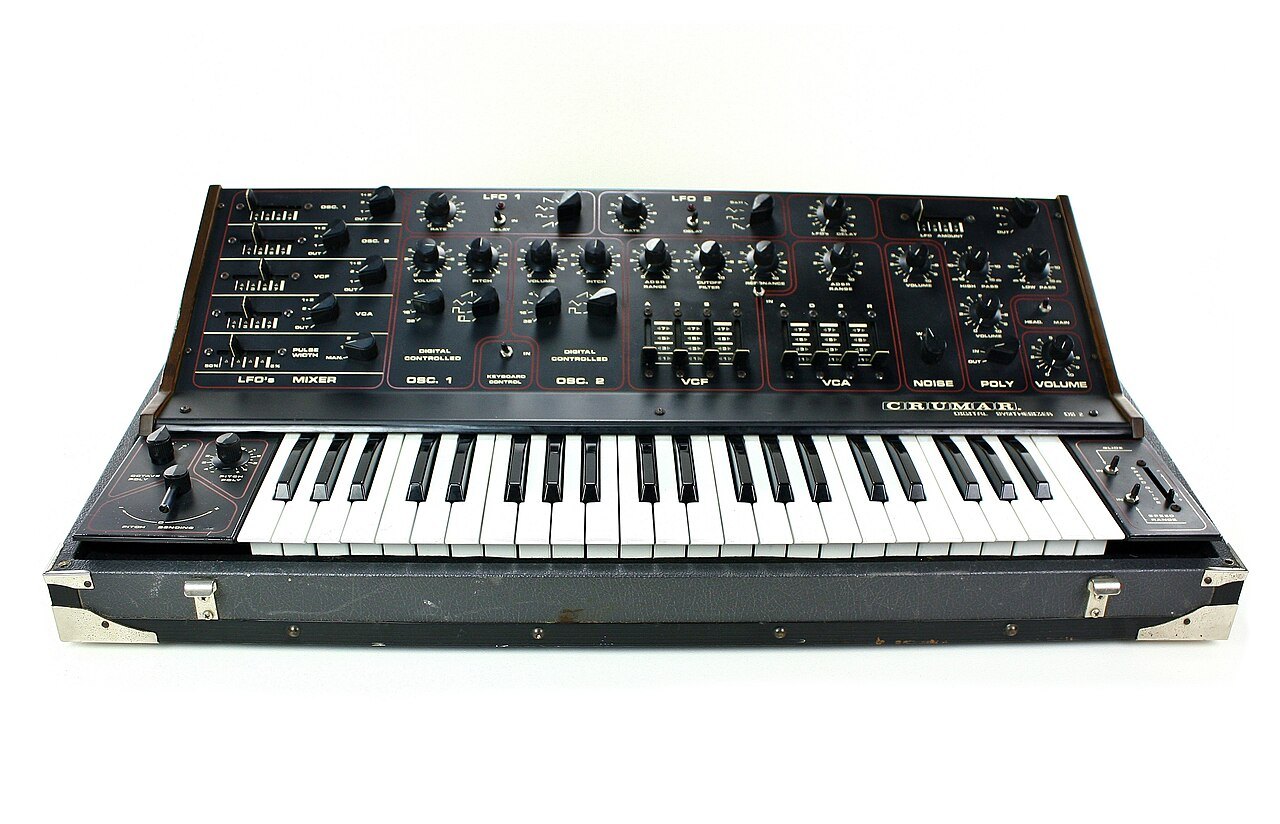 Synthesizer with a keyboard and controls for shaping sound.