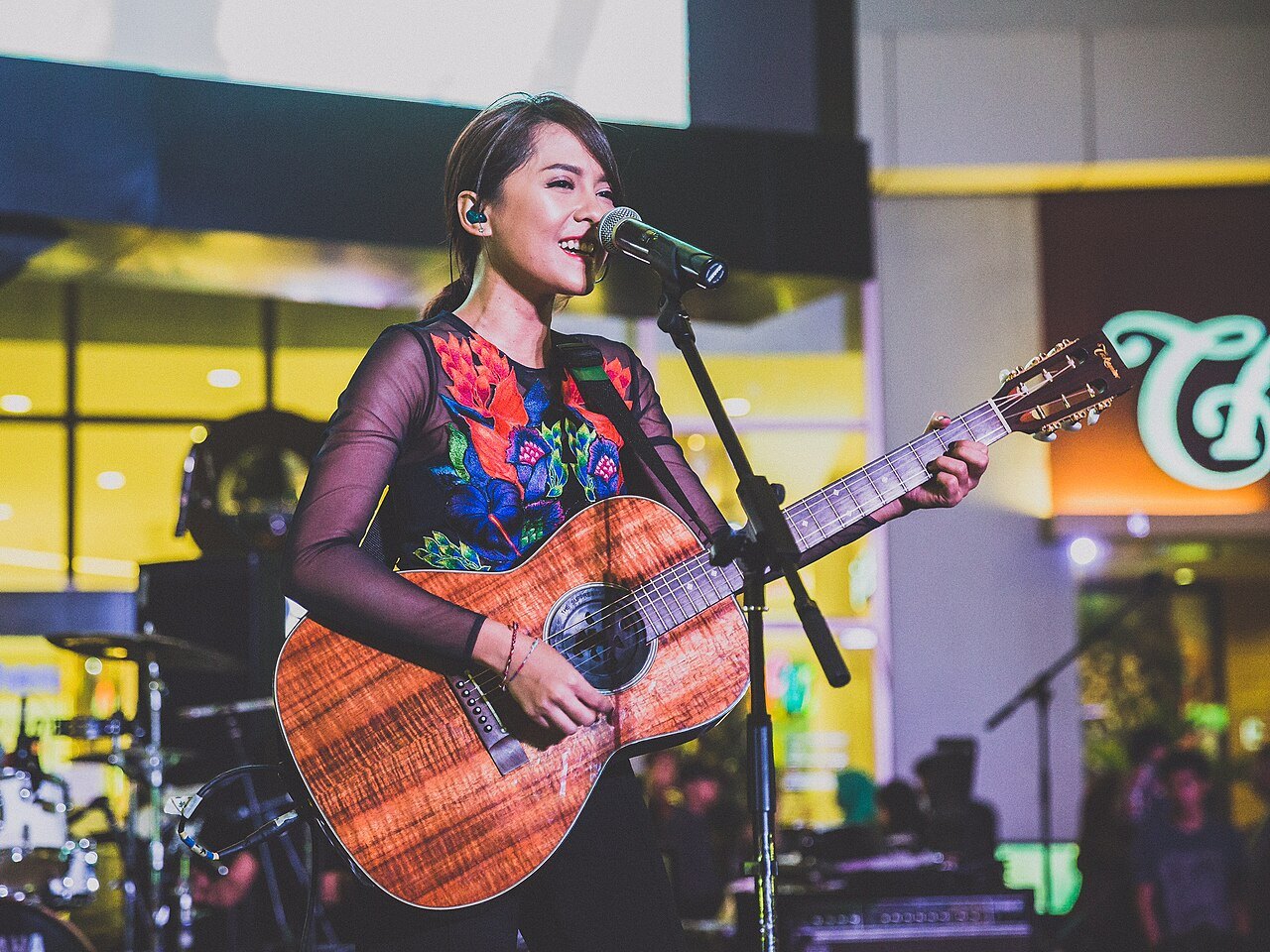 Singer performing with an acoustic guitar.