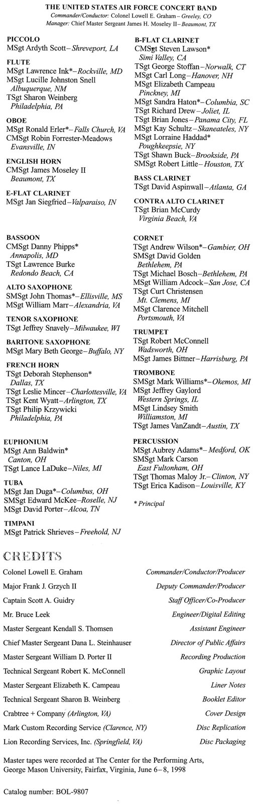 Performer and production credits from a U.S. Air Force Band album booklet.