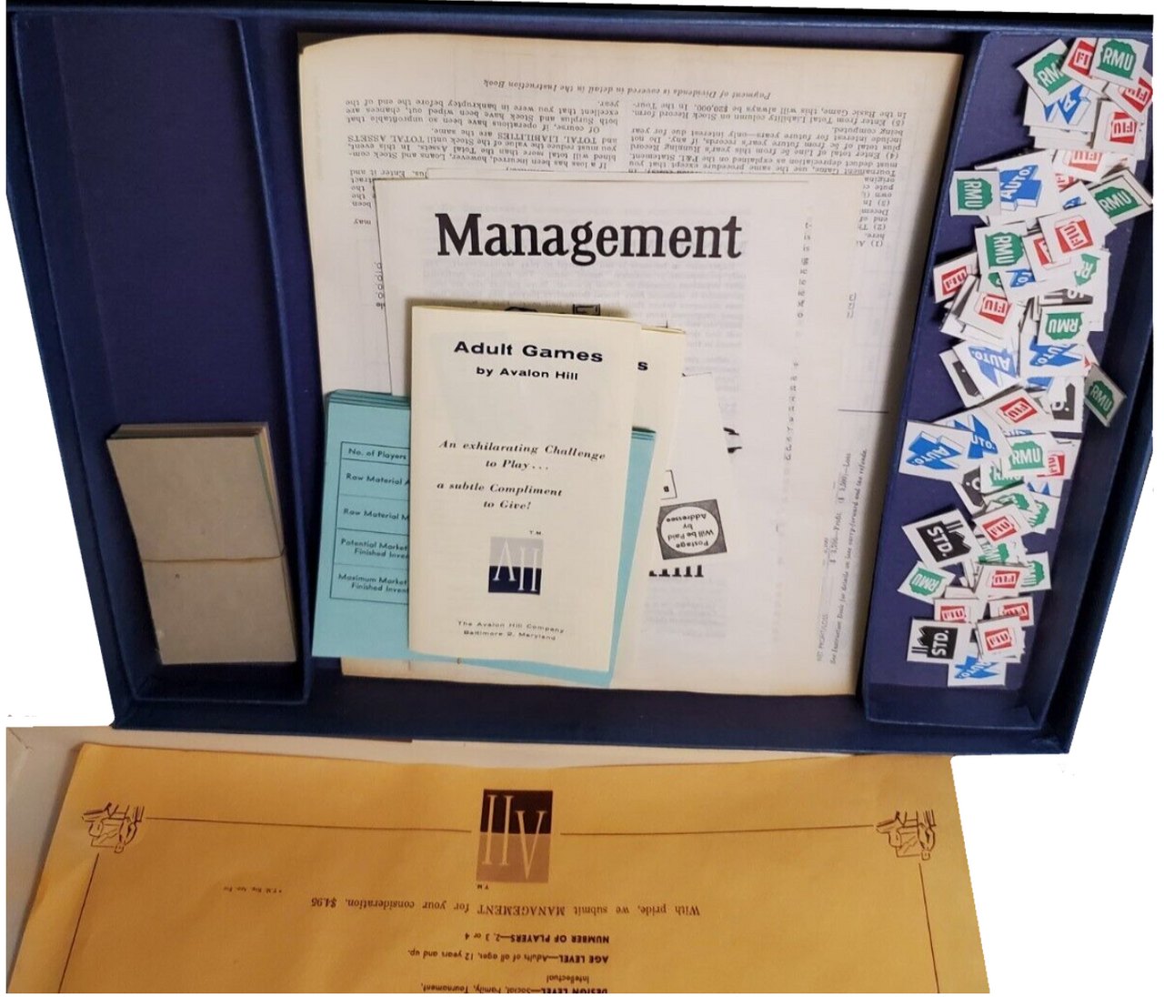 Game box with rulebook, reference sheet and playing components.
