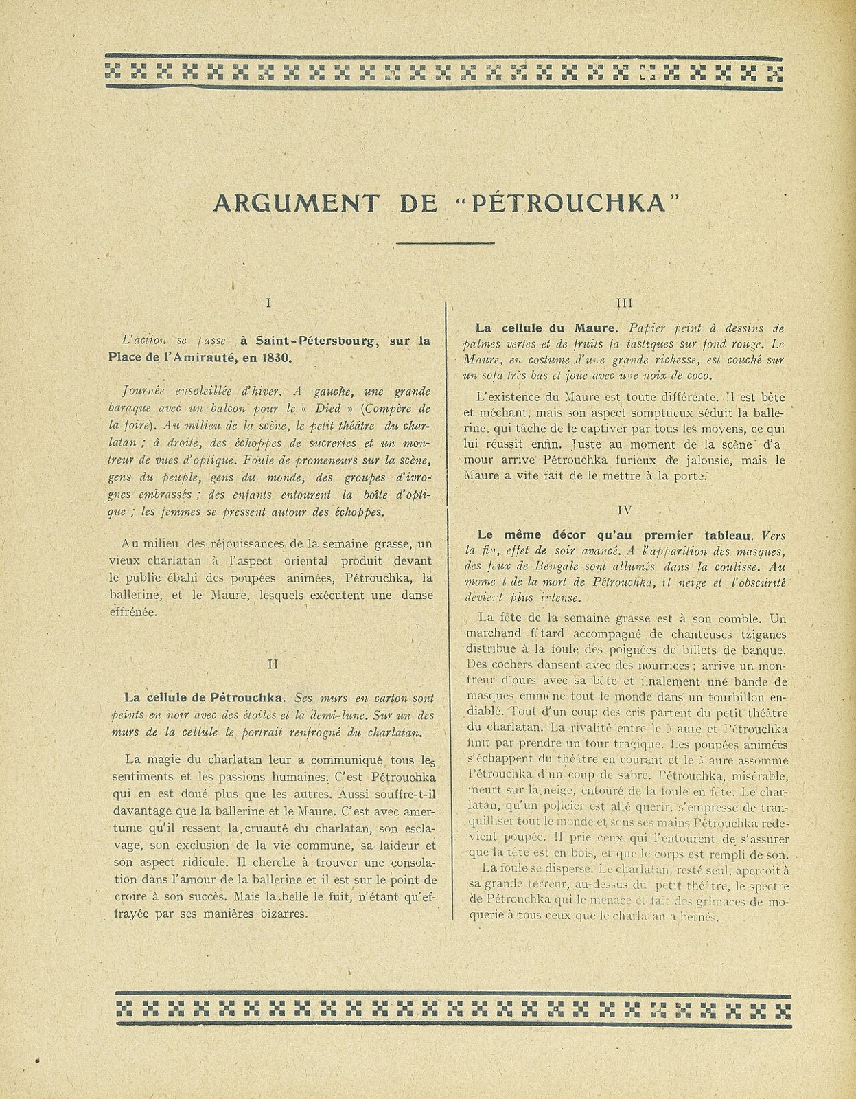 Historical 1921 Ballets Russes programme page with a synopsis of Petrushka.