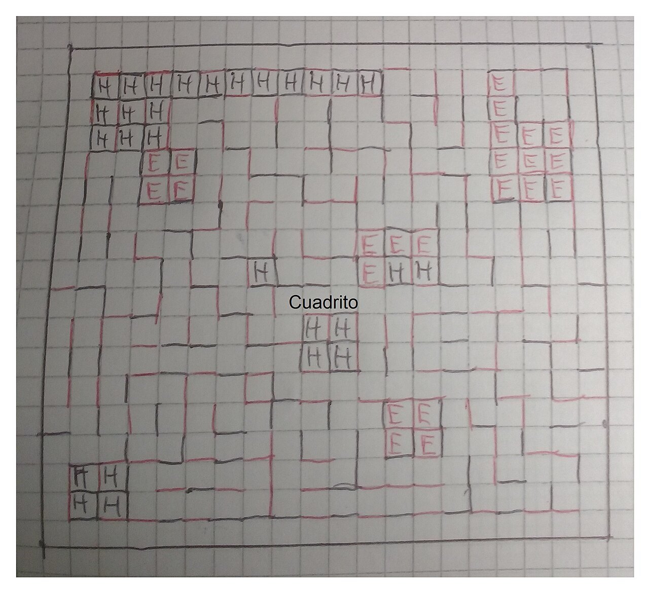 A boxes game drawn on squared paper.